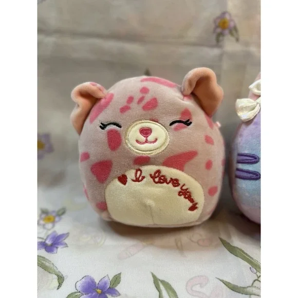 Squishmallow-style Plush Lot Of 2-pink"I Love You Leopard&Pastel Cat - Picture 2 of 4